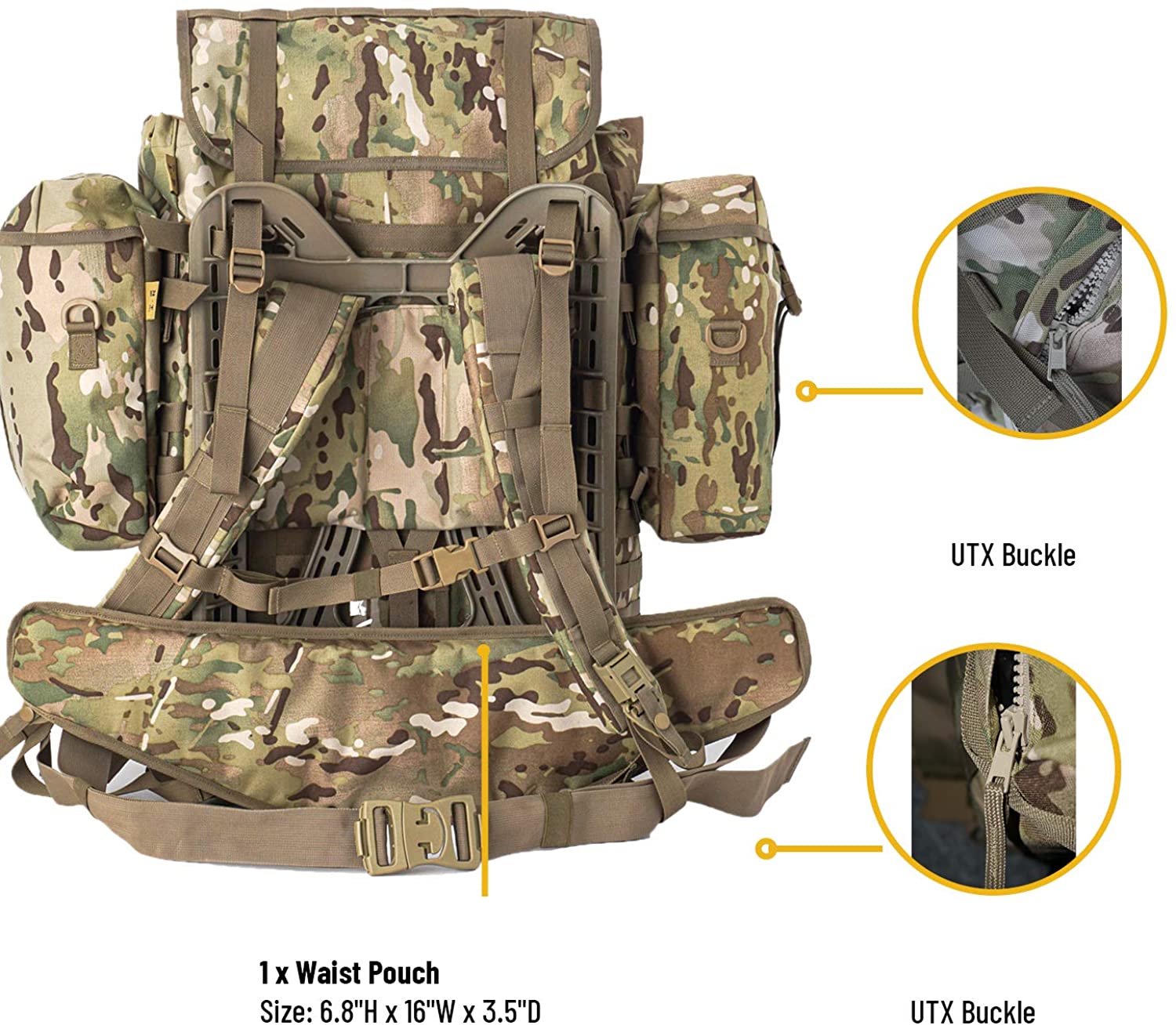 Military External Frame Rucksack Complete Pack System, Multicam Tactical Backpack with Polymer Frame, Detachable Pouches, Load Bearing Harness for Field Expedition, Hiking & Survival