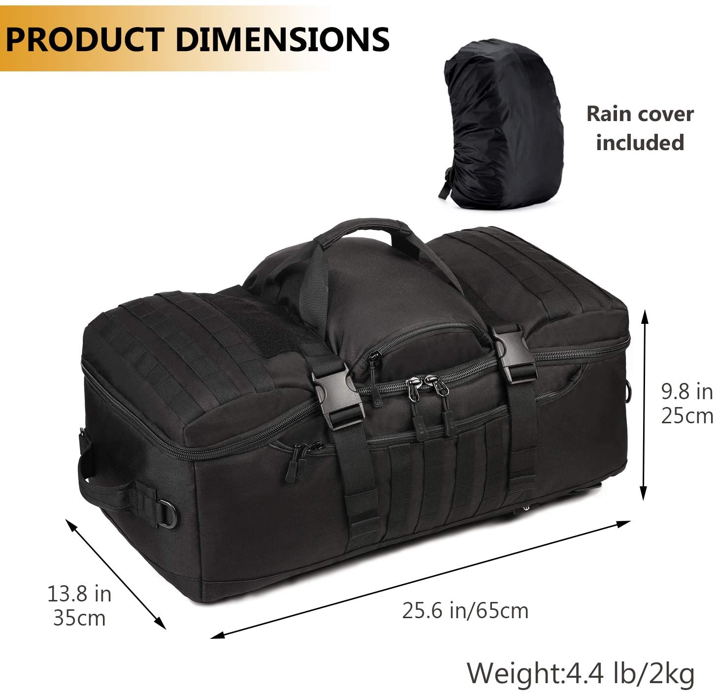 Large Tactical Duffle Bag with Rain Cover, MOLLE Military Travel Gear Bag for Shooting Gym Camping Hunting