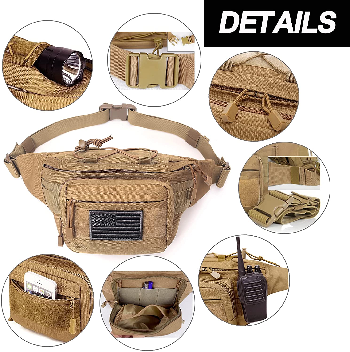 Tactical Fanny Pack for Men, Adjustable Large Waist Bag with MOLLE Webbing, Water Resistant Utility Hip Belt Bag for Hunting Hiking Cycling EDC Daily Carry