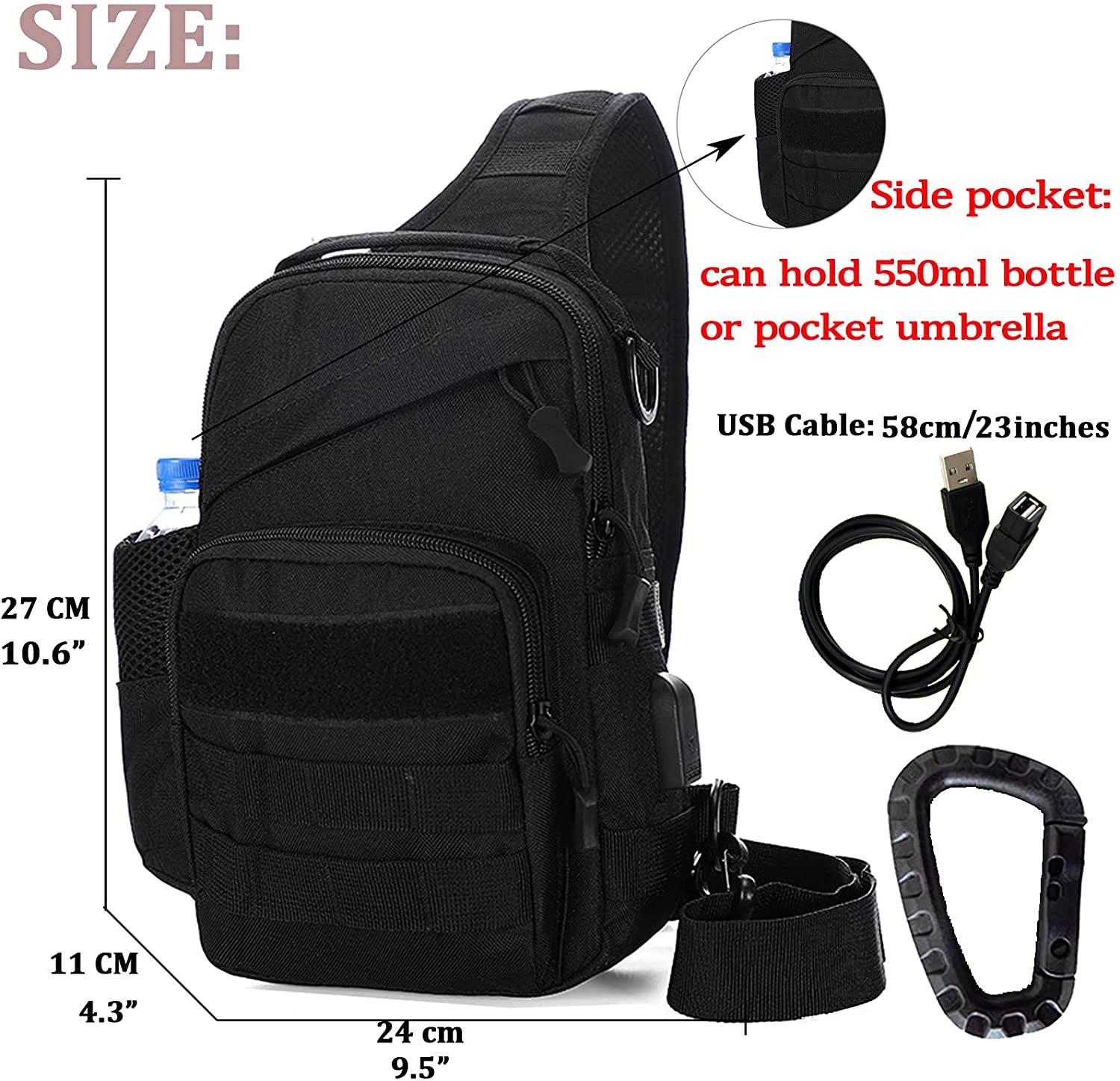 Tactical Sling Bag with External USB Charging Port, MOLLE Crossbody Chest Backpack