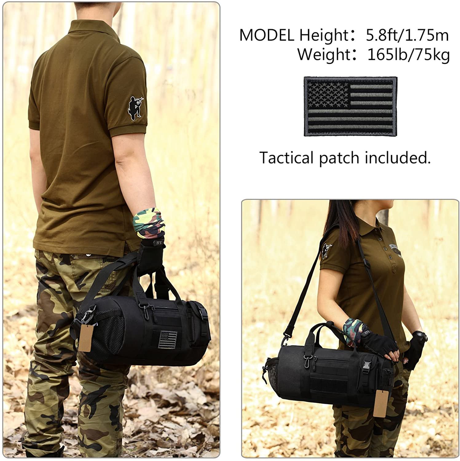 Tactical Cylinder Duffle Bag, Water Resistant Small Gym Sling Bag with MOLLE Webbing, Adjustable Shoulder Strap for Fitness Travel Hiking Motorcycle Daily EDC