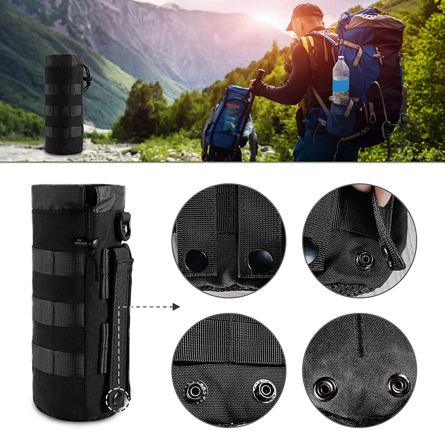 Tactical MOLLE Water Bottle Holder, Drawstring Water Bottle Carrier for 1.5L Bottles, Outdoor Umbrella Storage Pouch