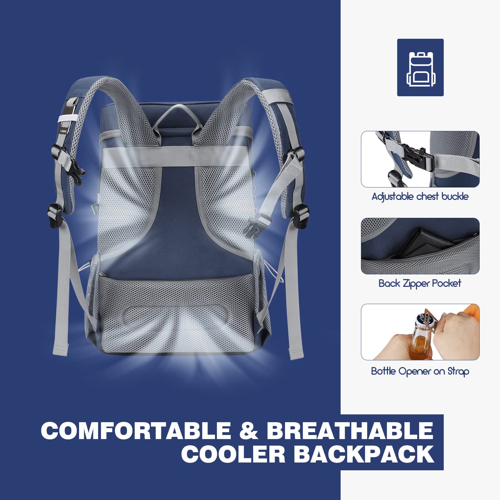 Breathable Padded Cooler Backpack, Adjustable Fixed Side Bottle Buckles Leakproof Insulated Thermal Backpack for Outdoor Camping Fishing Hiking Picnic