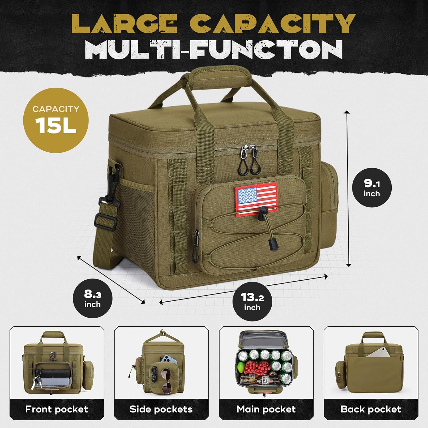 15L Tactical Insulated Cooler Bag, Long Lasting 16-24H Cold Retention Waterproof Soft Cooler Tote for Outdoor Fishing Camping Hunting