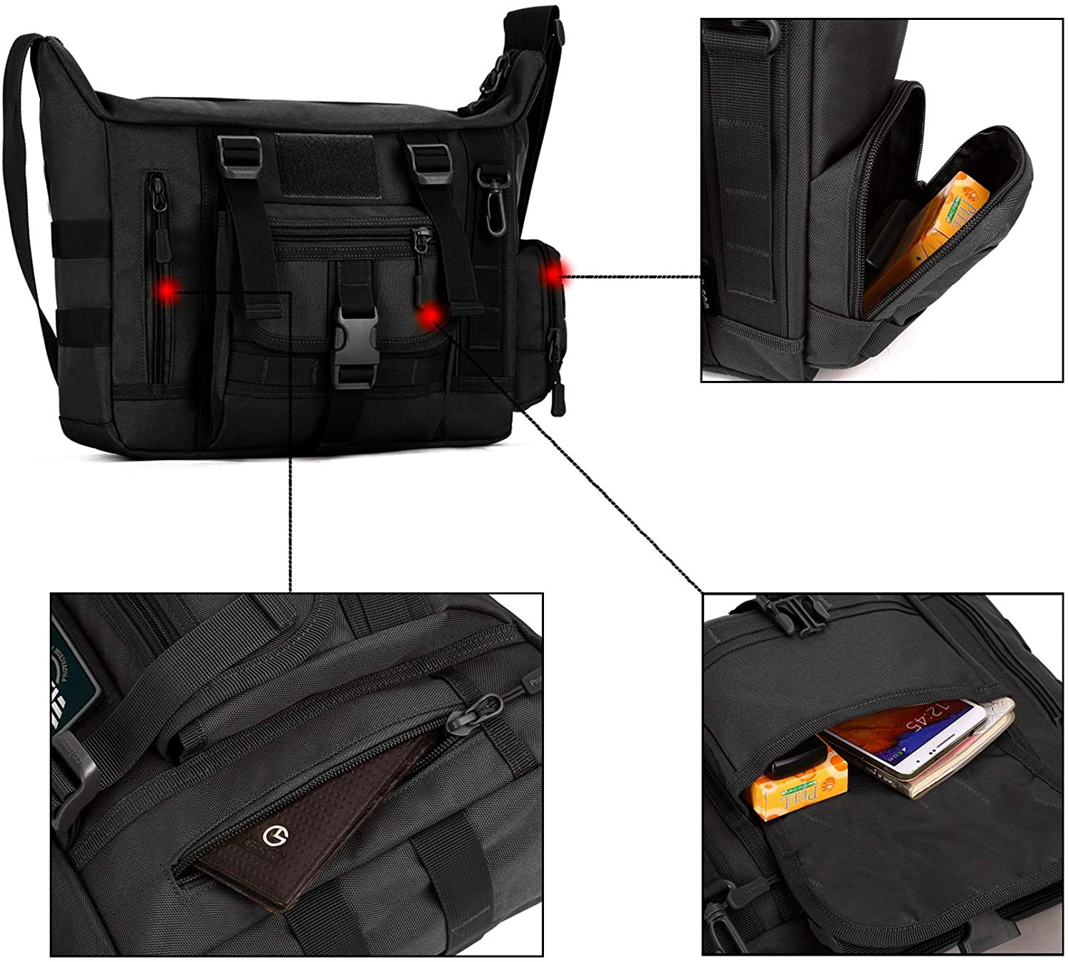 Tactical Messenger Bag, Multi-Pocket MOLLE Crossbody Shoulder Satchel Pack, Water Resistant EDC Laptop Bag for Daily Commuting, Hiking, Camping & Outdoor Activities