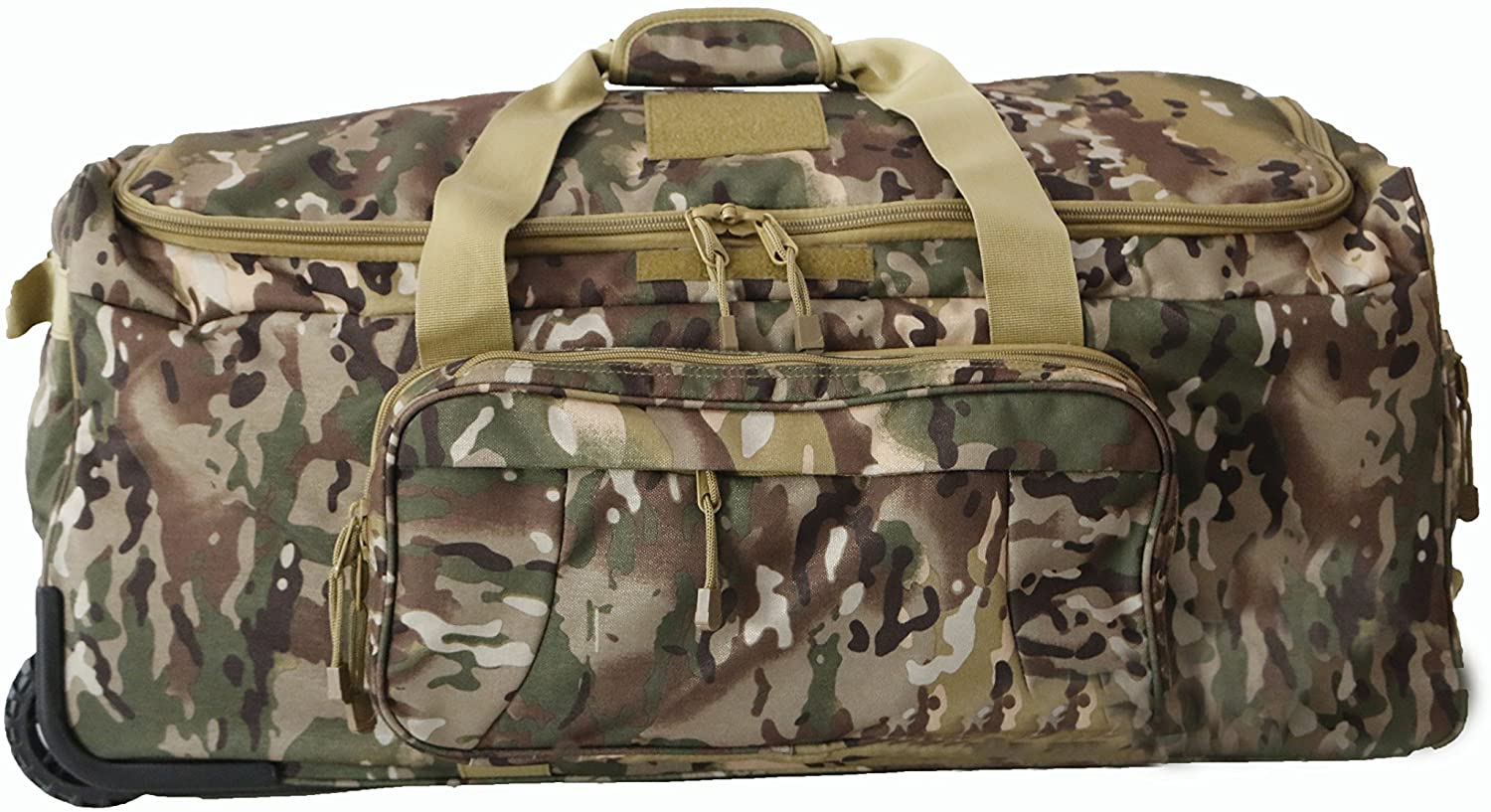 Camouflage Tactical Rolling Duffle Bag, Wheeled Tactical Gear Luggage with Detachable Front Pouch, Large Capacity Travel Storage Bag for Hunting, Shooting, Outdoor Deployment