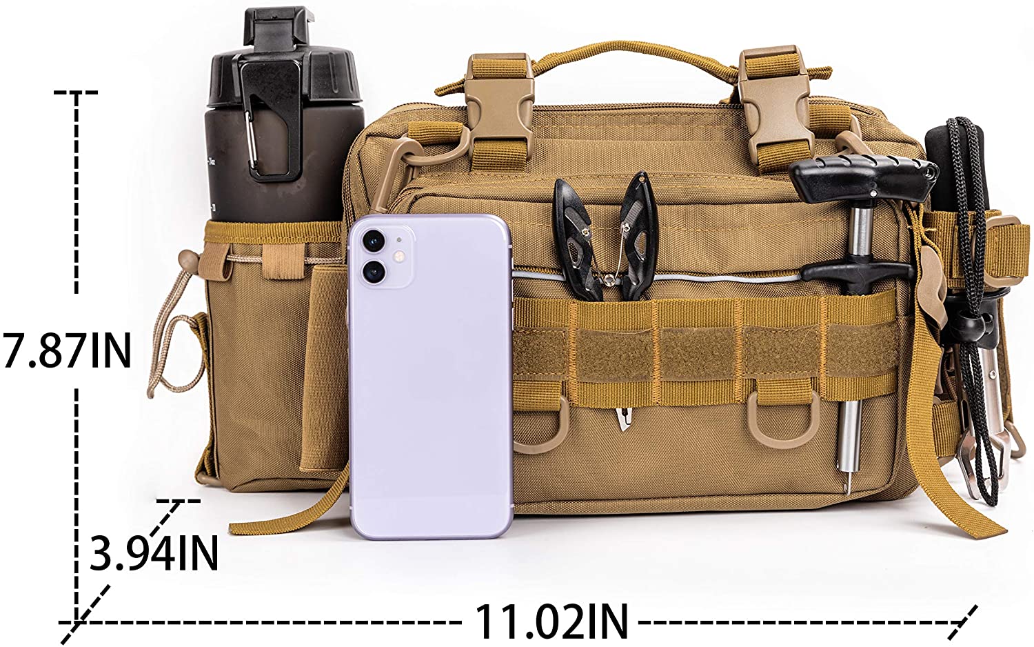 Tactical Fishing Tackle Bag, Multi-Pocket Outdoor Lumbar Gear Bag with Water Bottle Holder, MOLLE Utility Sling Pack for Fishing, Hiking, Camping & EDC Outdoor