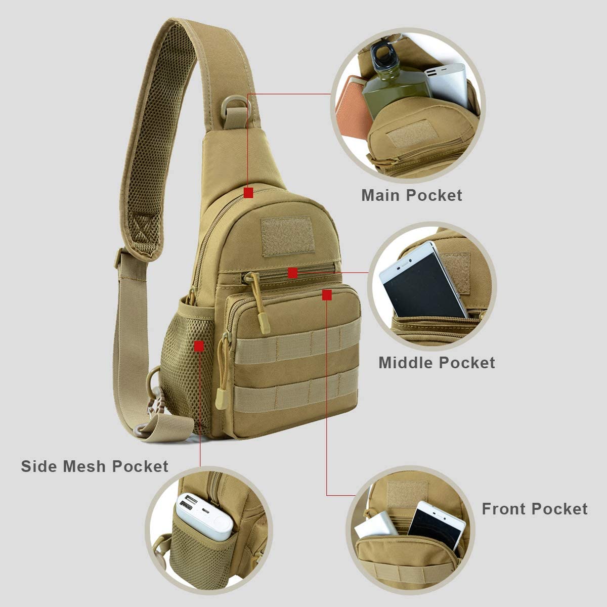 Small Tactical Sling Bag 4L, Lightweight EDC Chest Pack with MOLLE Webbing, Water Resistant Crossbody Shoulder Bag for Hiking, Cycling, Daily Outdoor Carry