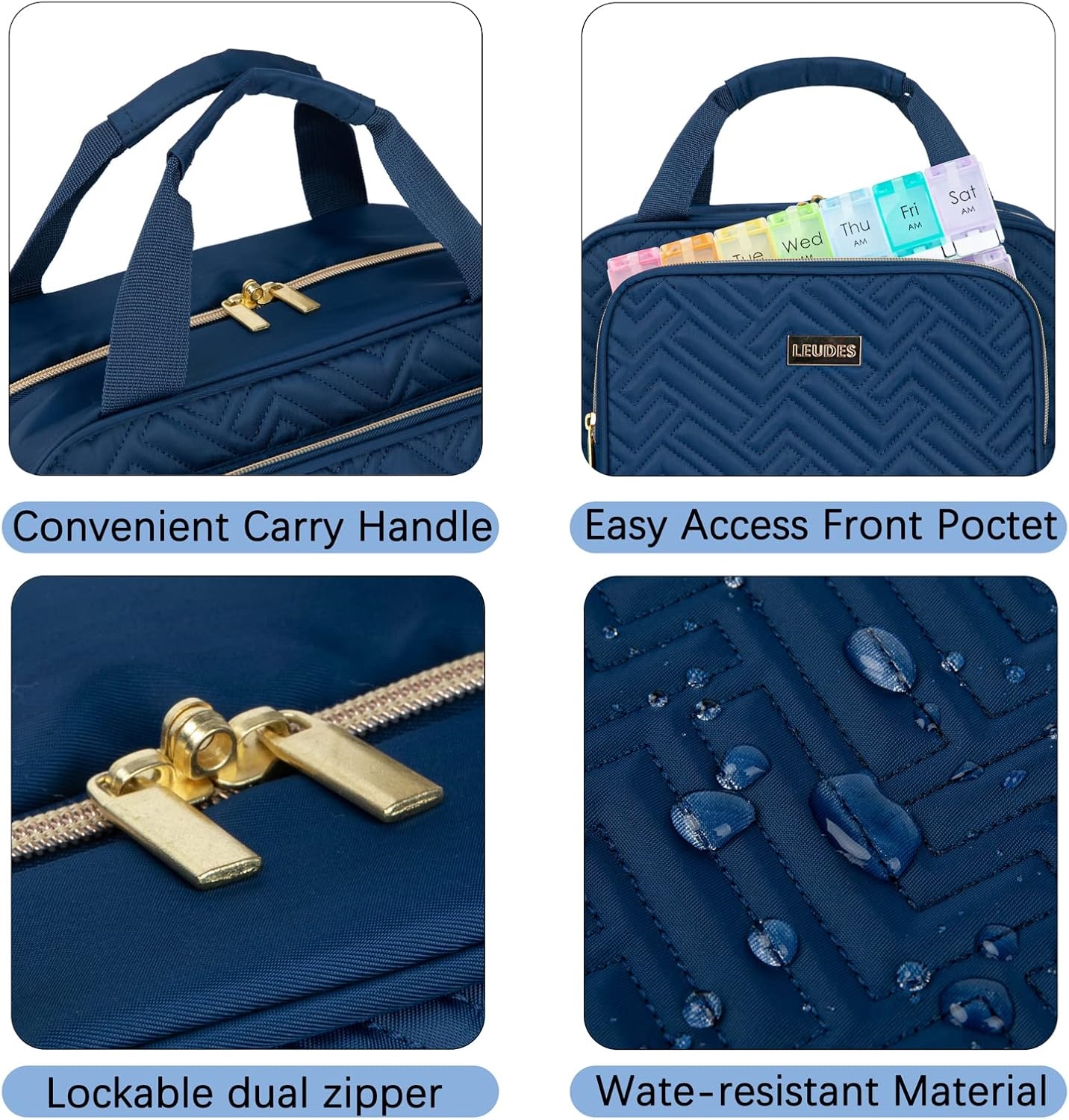 2 Sizes Waterproof Quilted Medicine Carry Bag, Portable Travel Pill Organizer with Front Pocket & Lockable Zippers