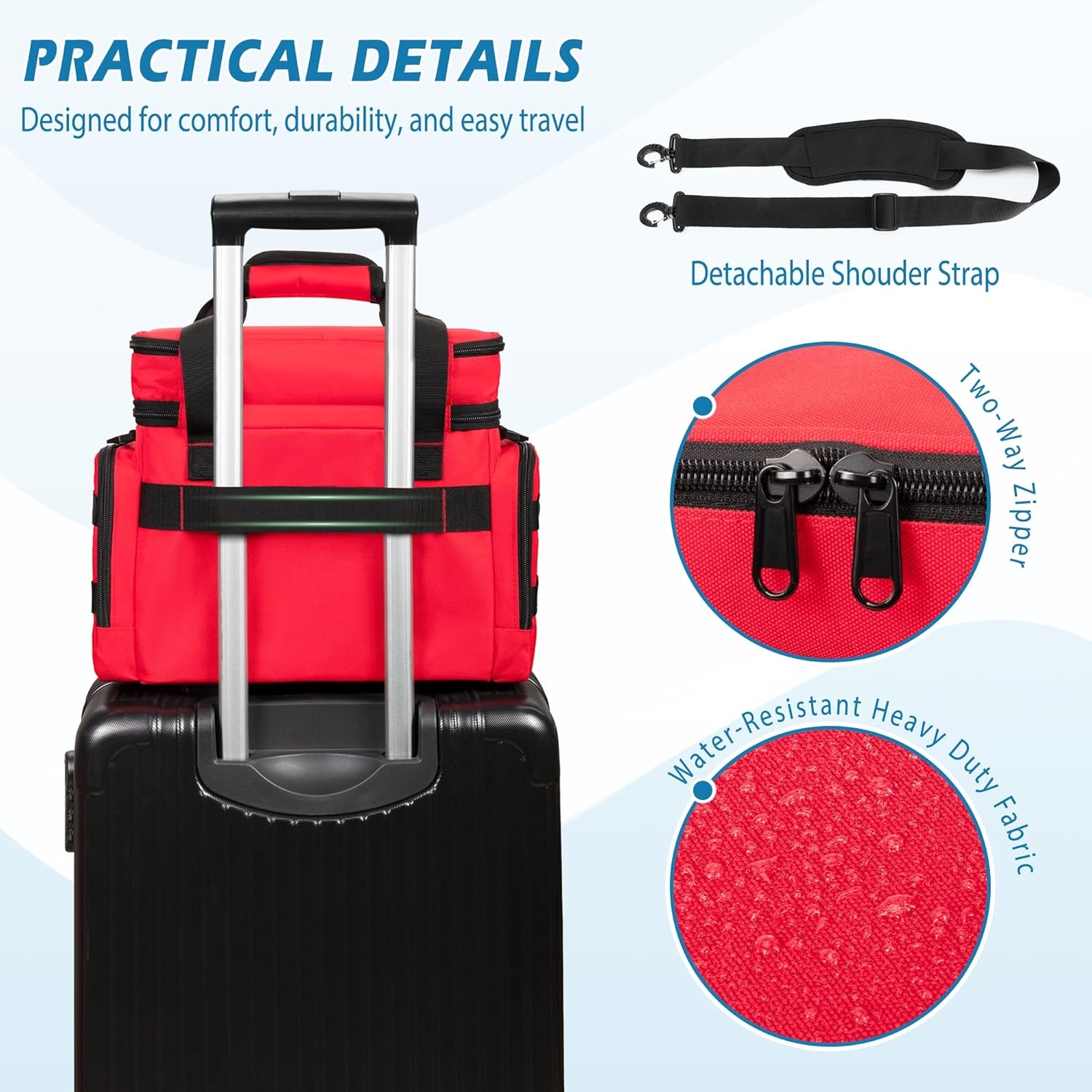 Large Capacity Portable Medical First Aid Bag, Multi Quick-Access Pocket EMT Trauma Organizer with Luggage Sleeve for Travel & Home Emergency