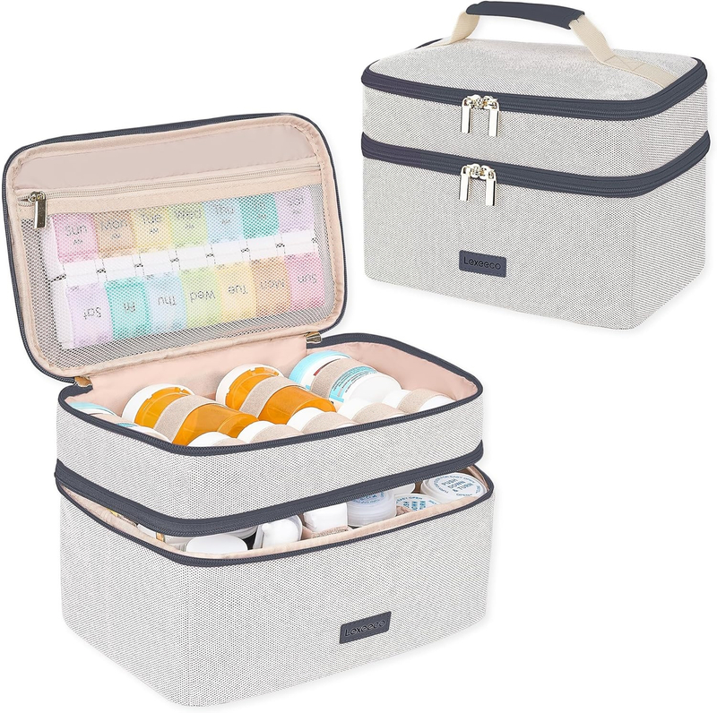 Compact 2-Layer Medicine Carry Bag, Water Resistant Pill Organizer with Multi-Size Elastic Loops for Travel & Household Prescription Storage