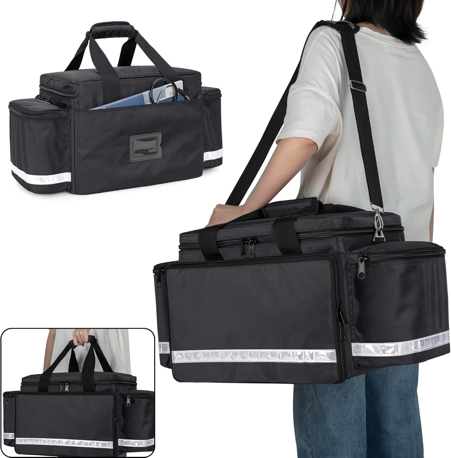 Reflective Large Capacity EMT Medical Bag, Removable Divider Nurse Trauma Bag for Clinic, Ambulance & Emergency Rescue