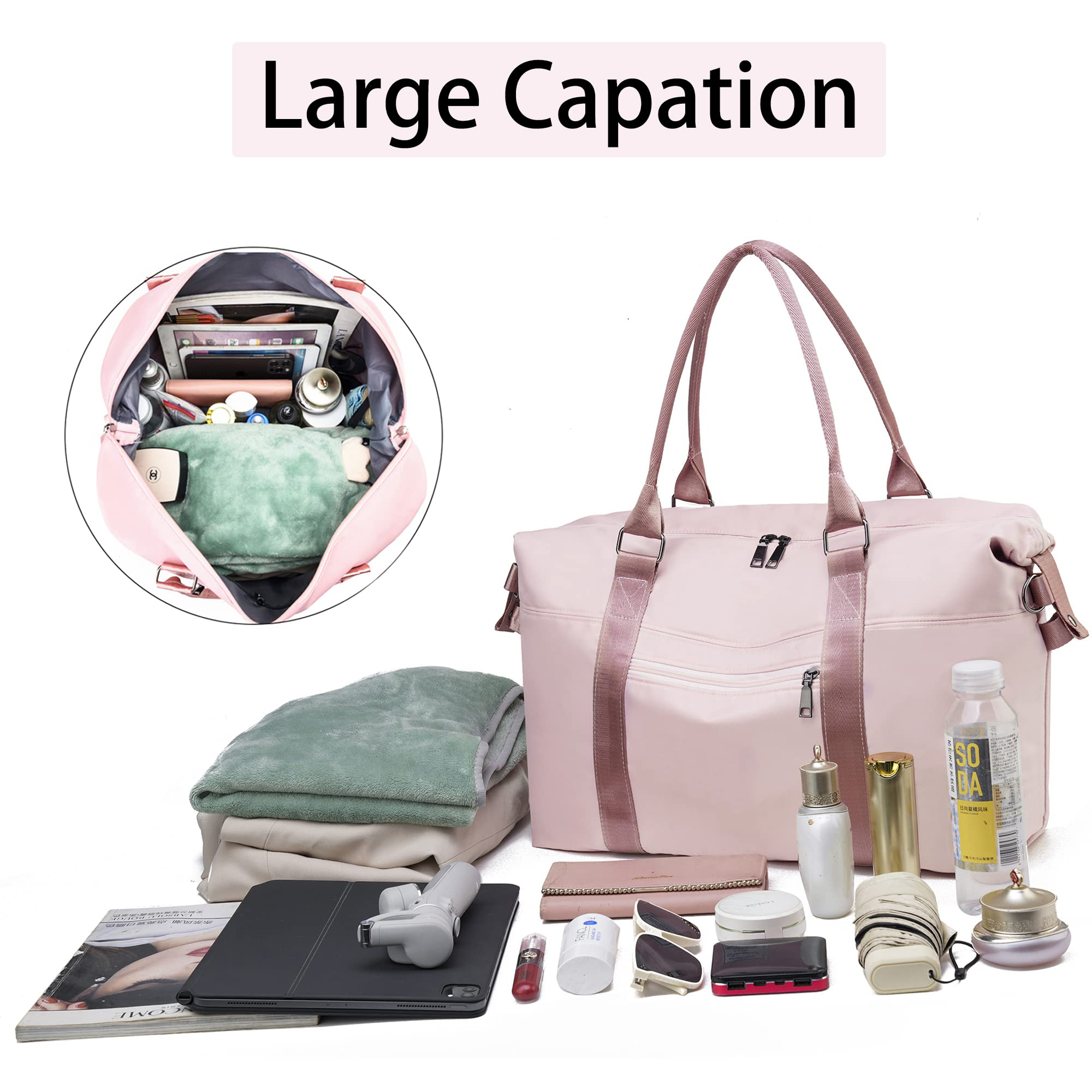 Lightweight Waterproof Gym Travel Duffle Bag, Airline Approved Carry On Bag with Separate Wet Pocket & Detachable Shoulder Strap