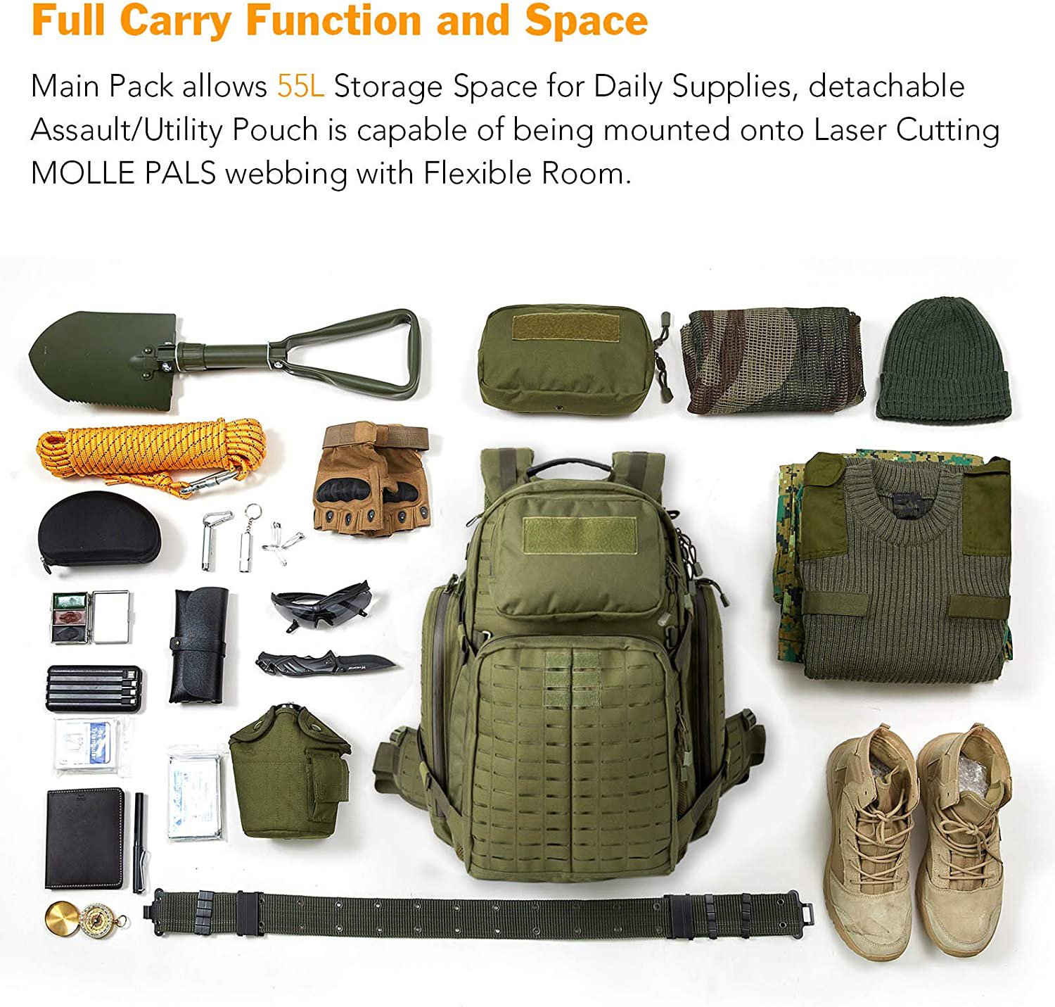 55L Laser Cut Tactical Backpack Full Set with 3L Hydration Bladder, Detachable Pouches & Waist Belt, Modular Military Backpack for Outdoor Camping, Hunting, Hiking & Emergency Gear