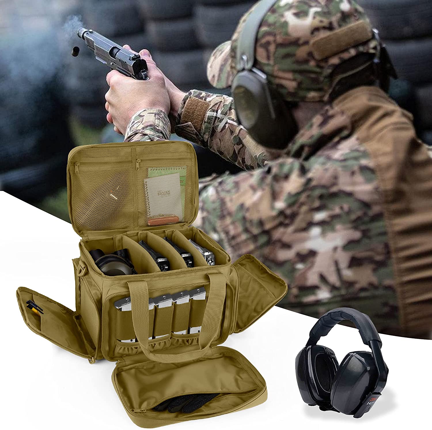 Tactical Pistol Range Bag with Removable Padded Dividers, Water Resistant Shooting Duffle Bag