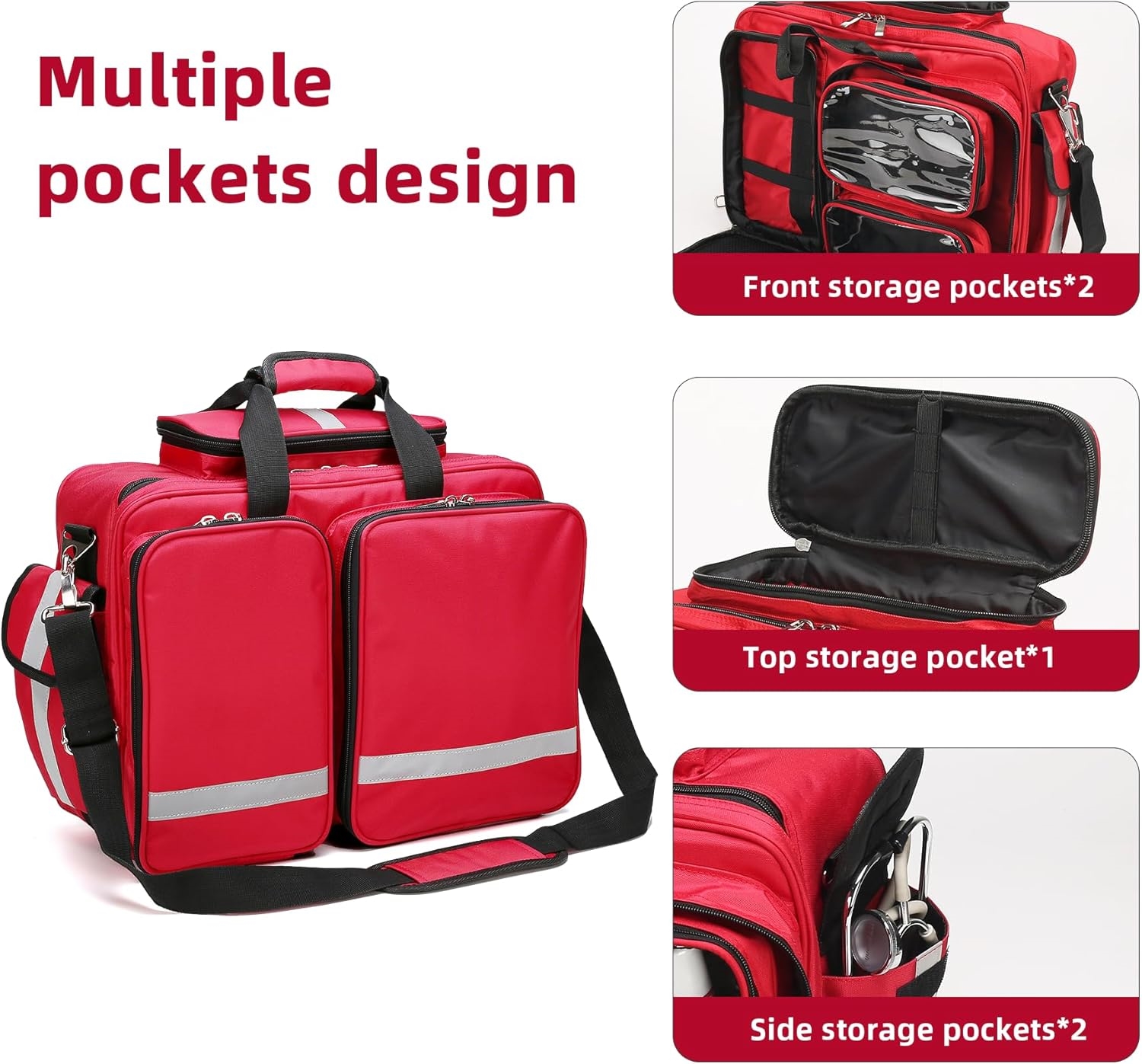 Reflective Large EMT First Aid Responder Bag, Multi-Pocket Empty Medical Organizer for Paramedics, Home Visits & Clinic Use