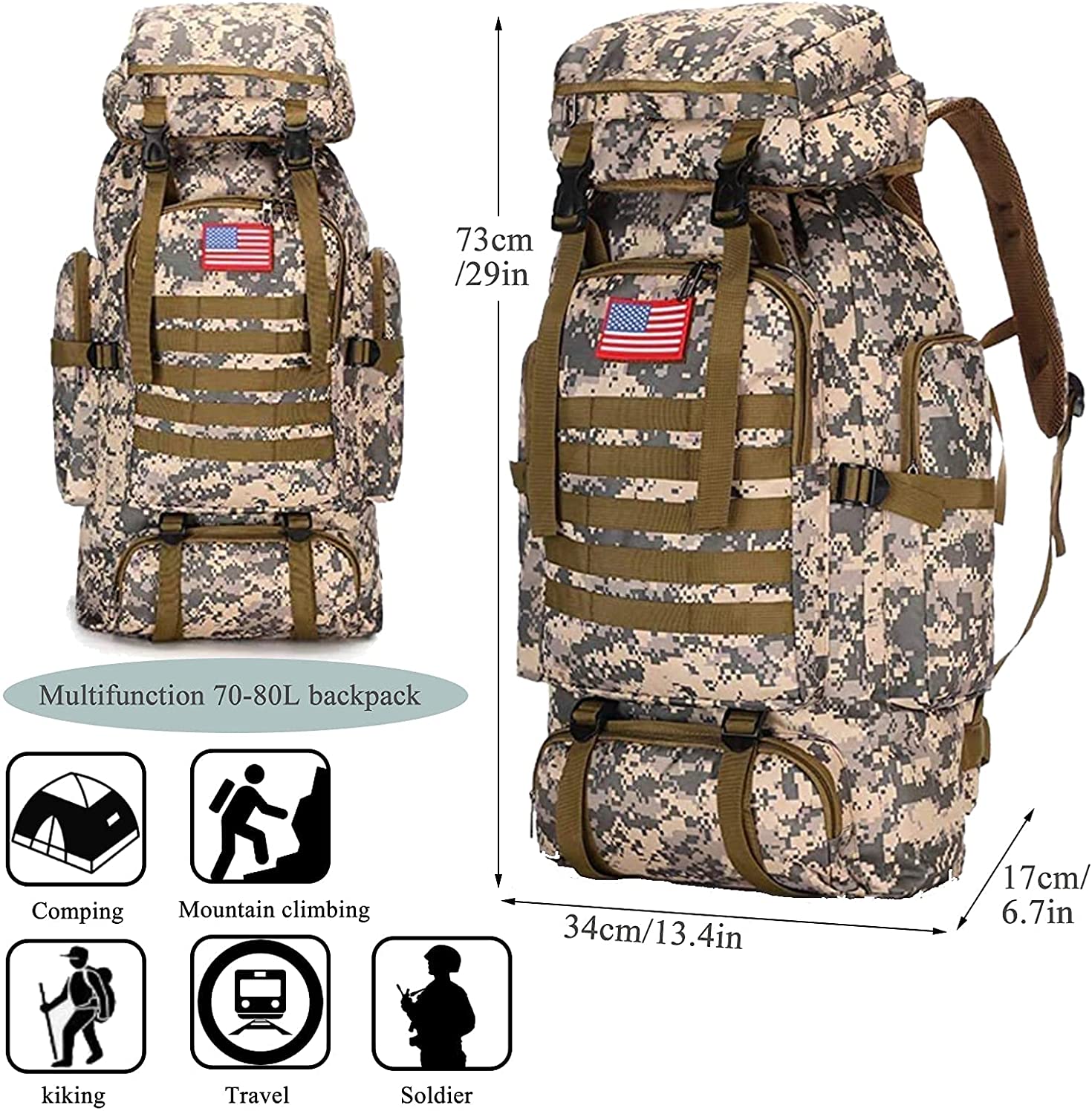 70-80L Large Capacity Military Tactical Backpack, Digital Camo MOLLE Rucksack, Waterproof Hiking Backpack for Camping, Mountaineering, Travel & Outdoor Survival