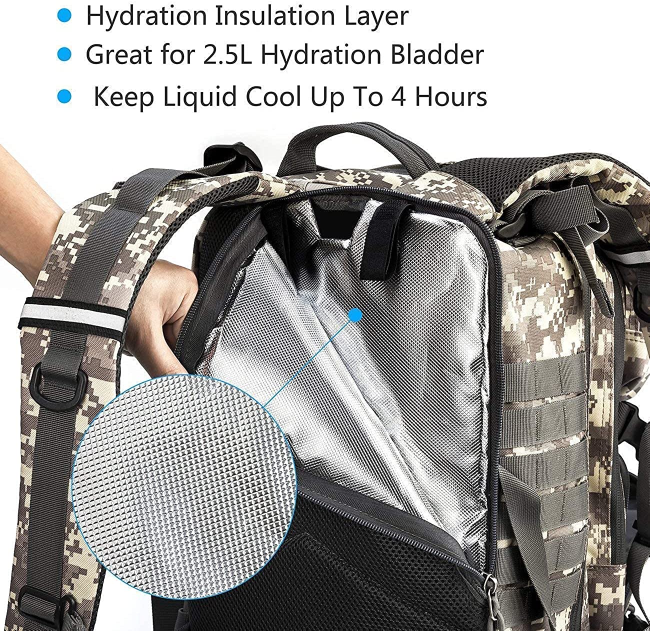 33L Digital Camo Tactical Backpack with Insulated Hydration Compartment, MOLLE Military Rucksack Fits 2.5L Water Bladder, Outdoor Hiking Camping Survival Backpack