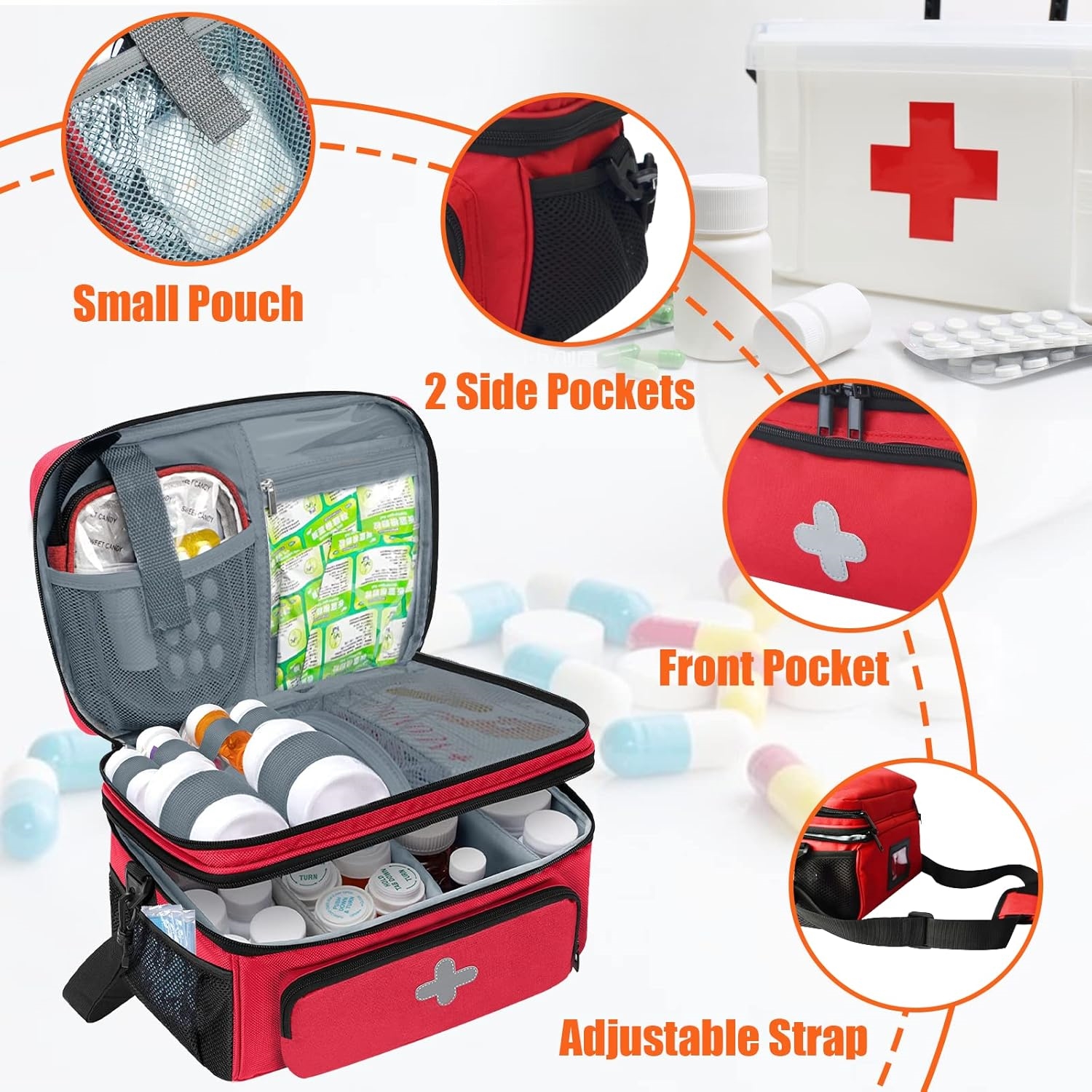 Double Layer Medicine Storage Bag, Large Empty Family First Aid Kit Organizer with Detachable Small Pouch for Travel & Household Use