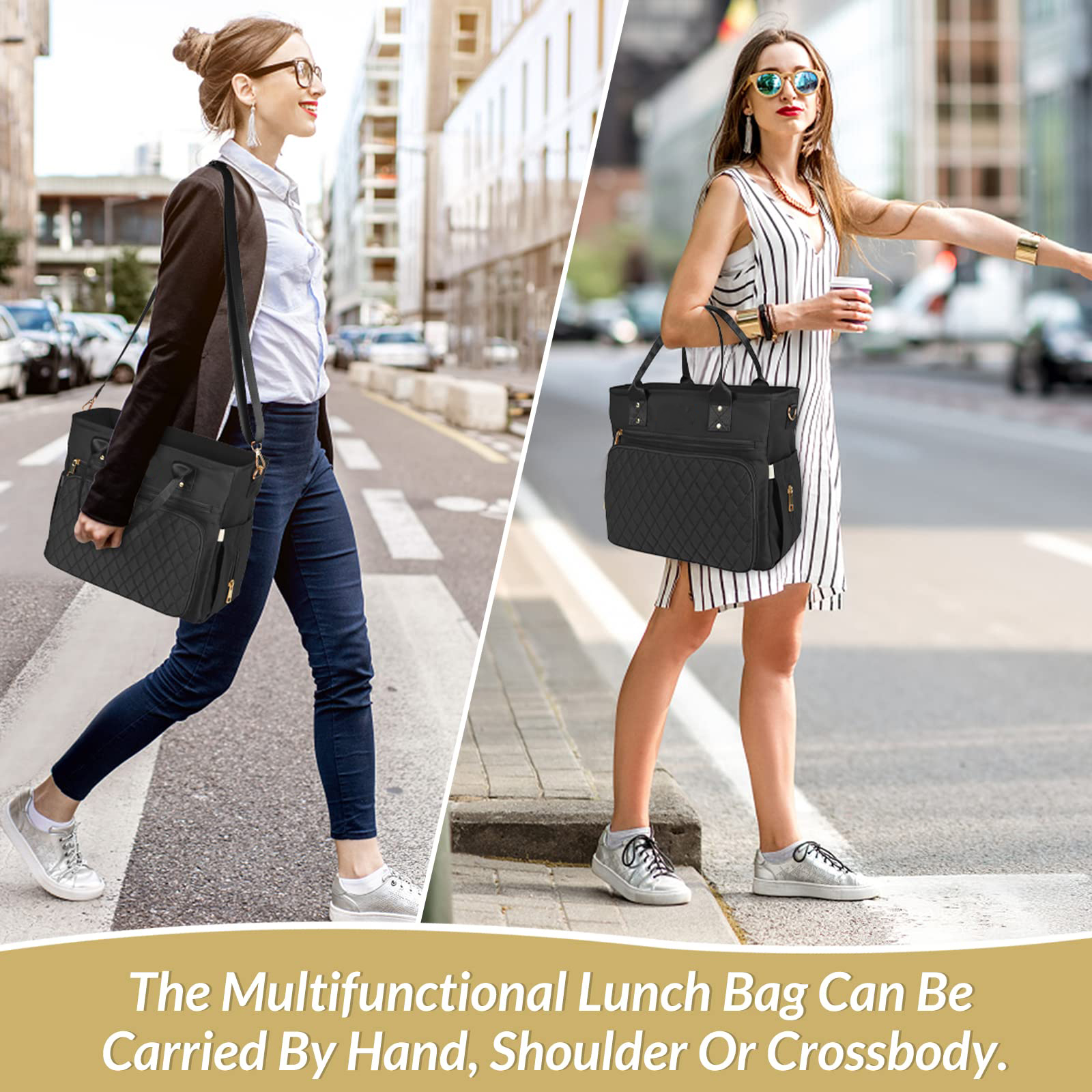 Quilted Multi-Pocket Insulated Lunch Bag, Waterproof Large Capacity Thermal Tote with Detachable Adjustable Shoulder Strap for Office & Daily Picnic