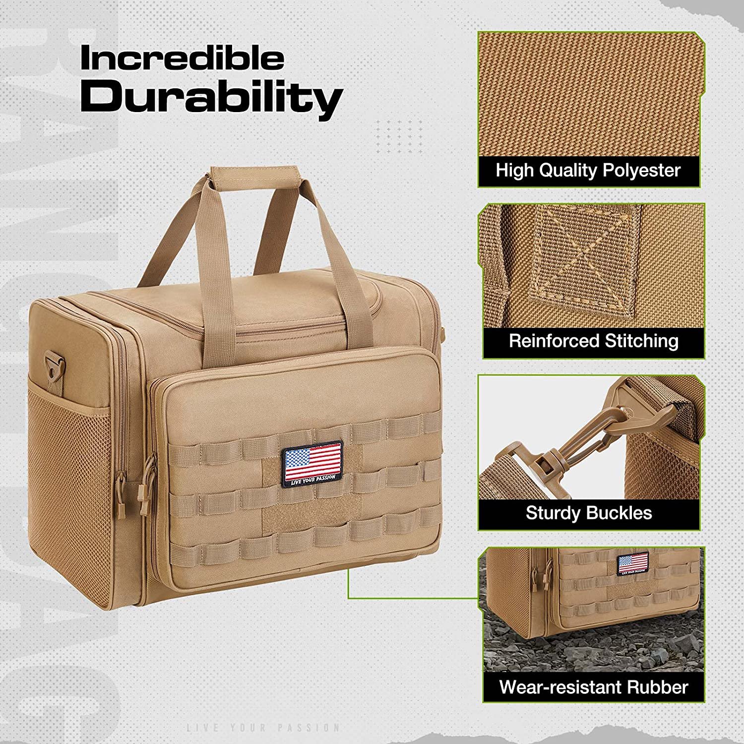 Tactical Shooting Range Bag, Multi-Size Gun Duffle Bag with Detachable Handgun Pouches, MOLLE Shooting Gear Storage Bag for Range Training, Hunting & Outdoor Transport