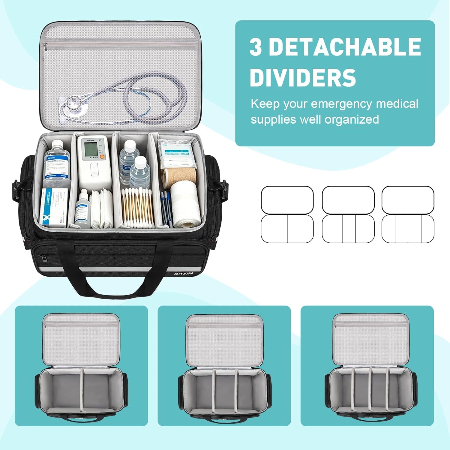 Spacious Water Resistant Medical Storage Bag with Removable Dividers & Reflective Strips, Portable Emergency First Aid Carry Bag for Car & Household