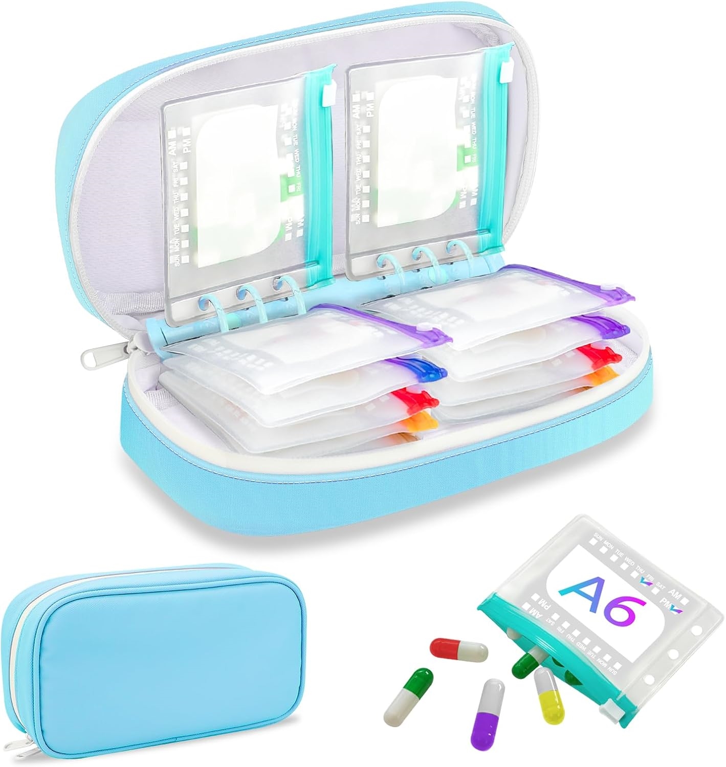 Portable Waterproof Pill Carry Bag with Reusable Transparent Weekly AM PM Medicine Pouches for Travel Daily Medication