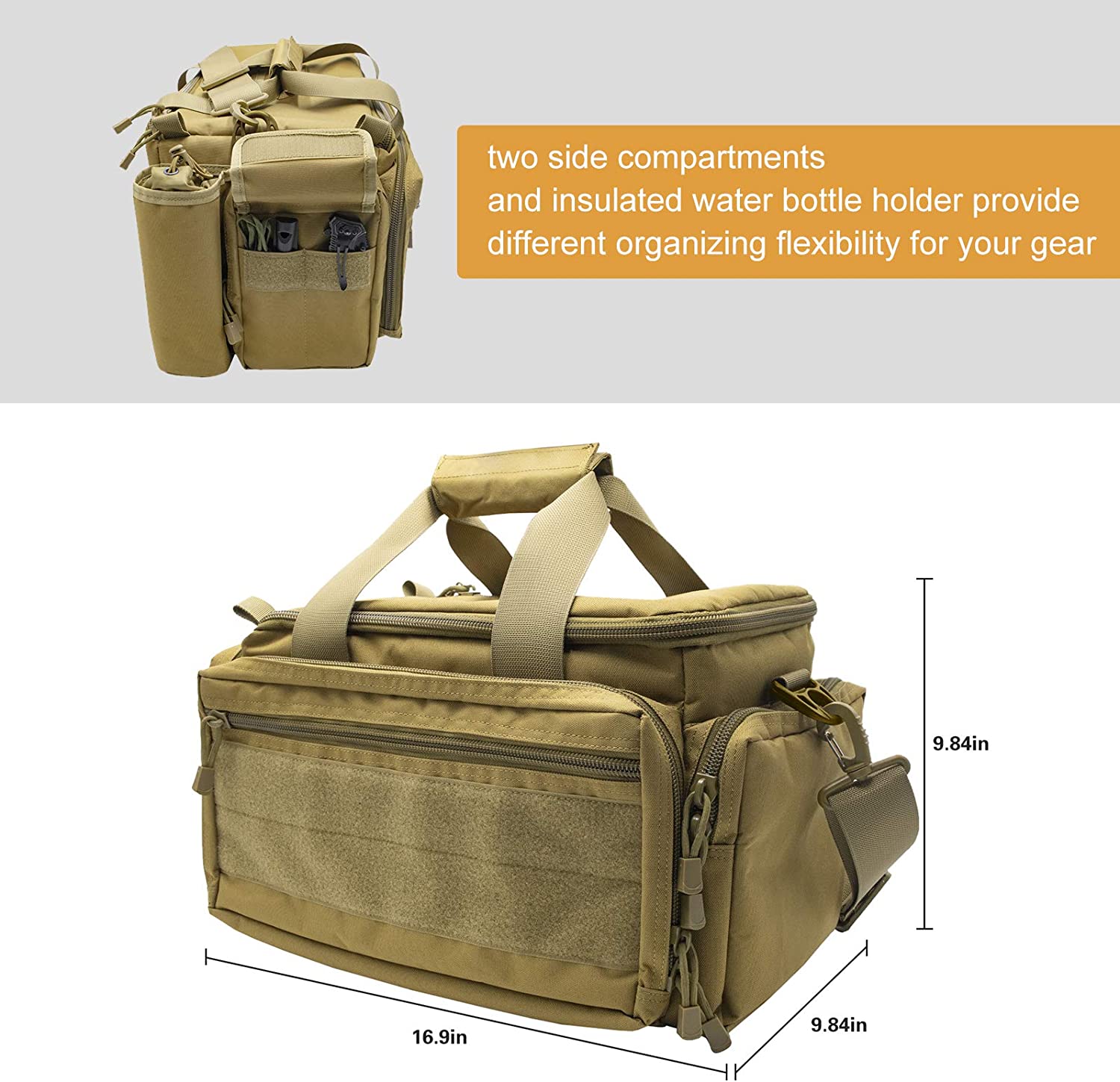 6 Magazine Loops Tactical Range Bag, 600D Waterproof Shooting Gun Bag with Insulated Water Bottle Pocket & Anti-Skid Bottom for Hunting Range Transport