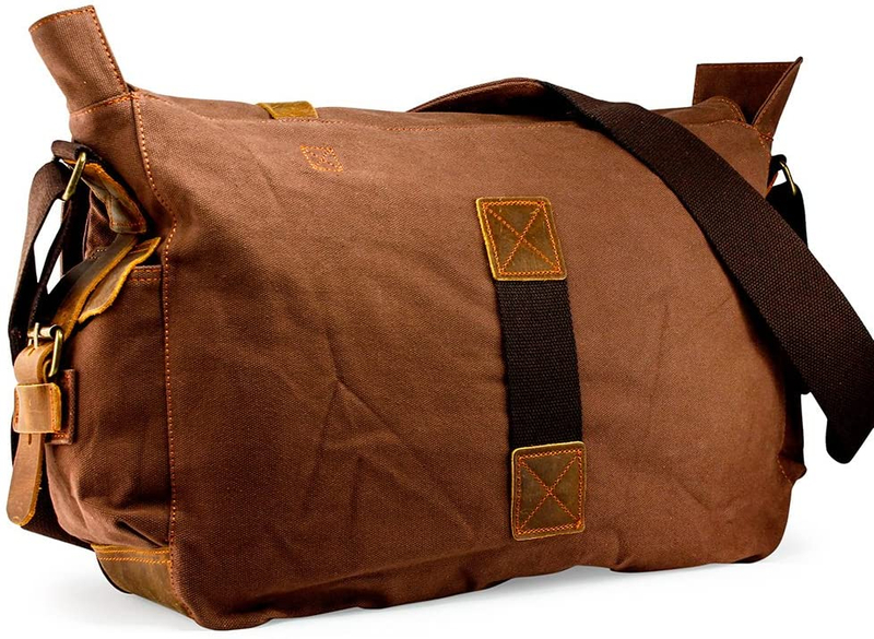 Vintage Waxed Canvas Messenger Bag with Genuine Leather Trim, 17 Inch Retro Crossbody Shoulder Bag, Multi-Purpose Camera & Laptop Satchel for Travel, Photography & Daily Use