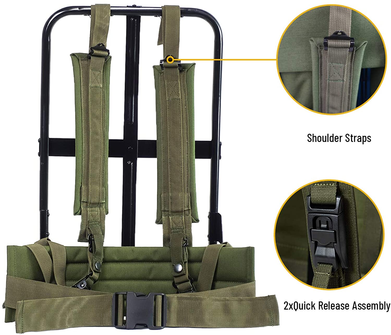 Vintage Olive Military Canvas Rucksack, Large Capacity External Frame Backpack with 3 Detachable Utility Pouches