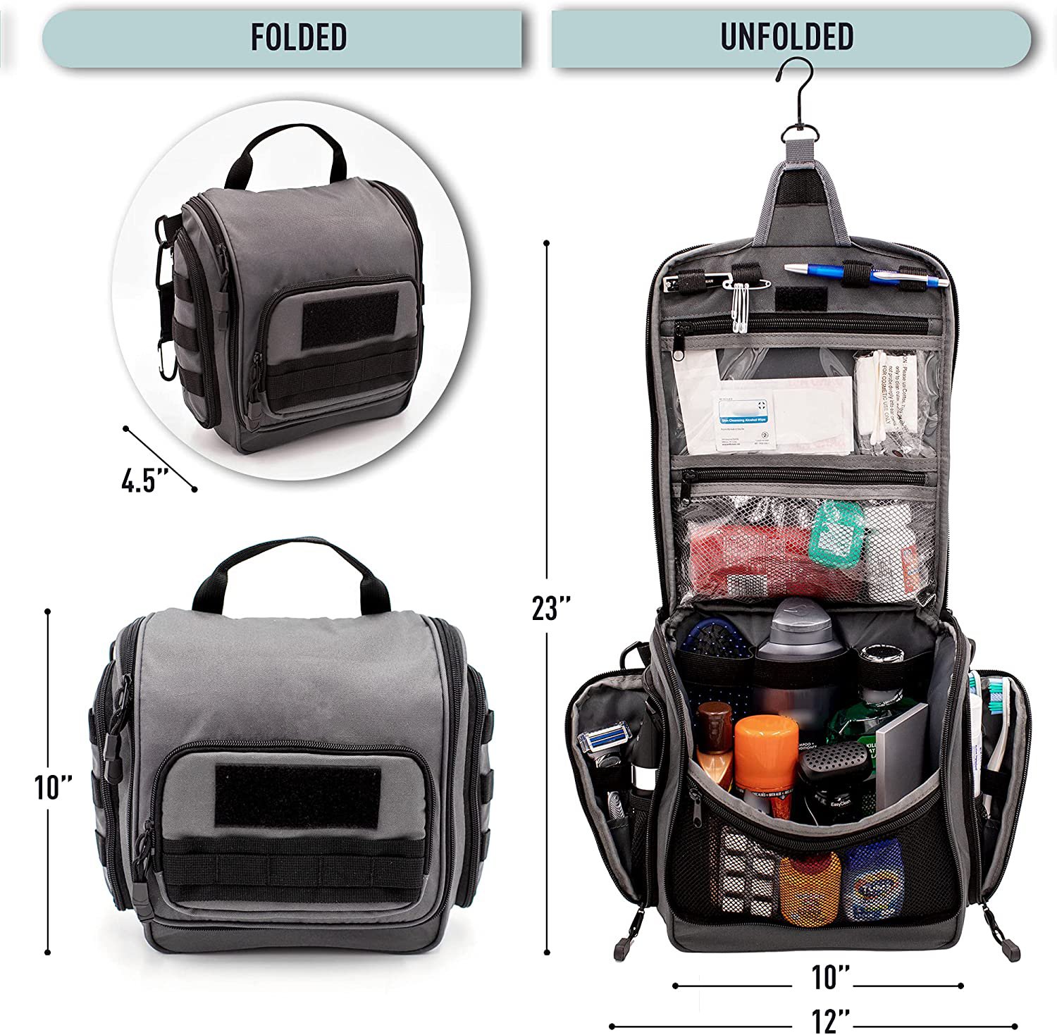 Tactical Hanging Travel Toiletry Bag, Water Resistant Foldable Wash Bag with MOLLE Webbing & Detachable Hanging Straps for Outdoor Camping Hiking Business Trip