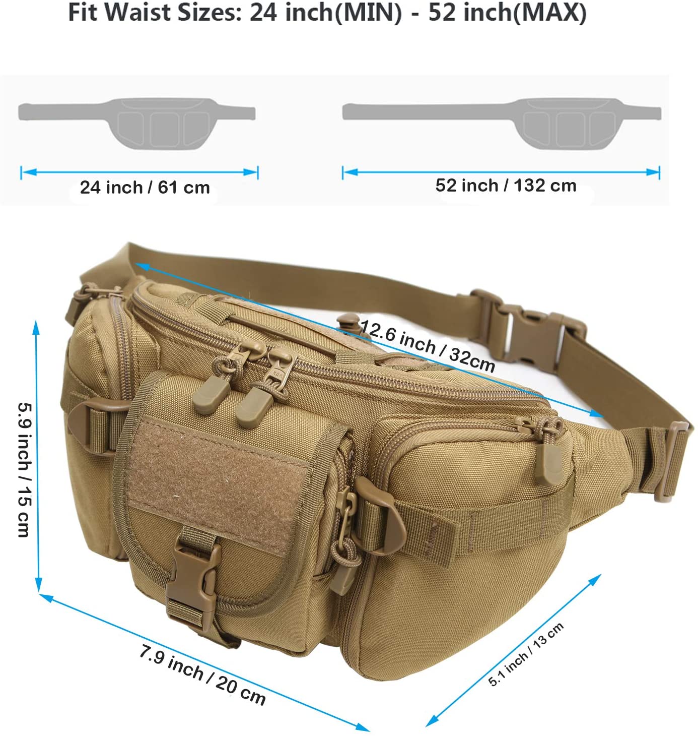 Adjustable Tactical Fanny Pack, Water Resistant MOLLE Waist Bag Multi-Pocket Utility Hip Belt Bag for Hunting Hiking Running Cycling Travel