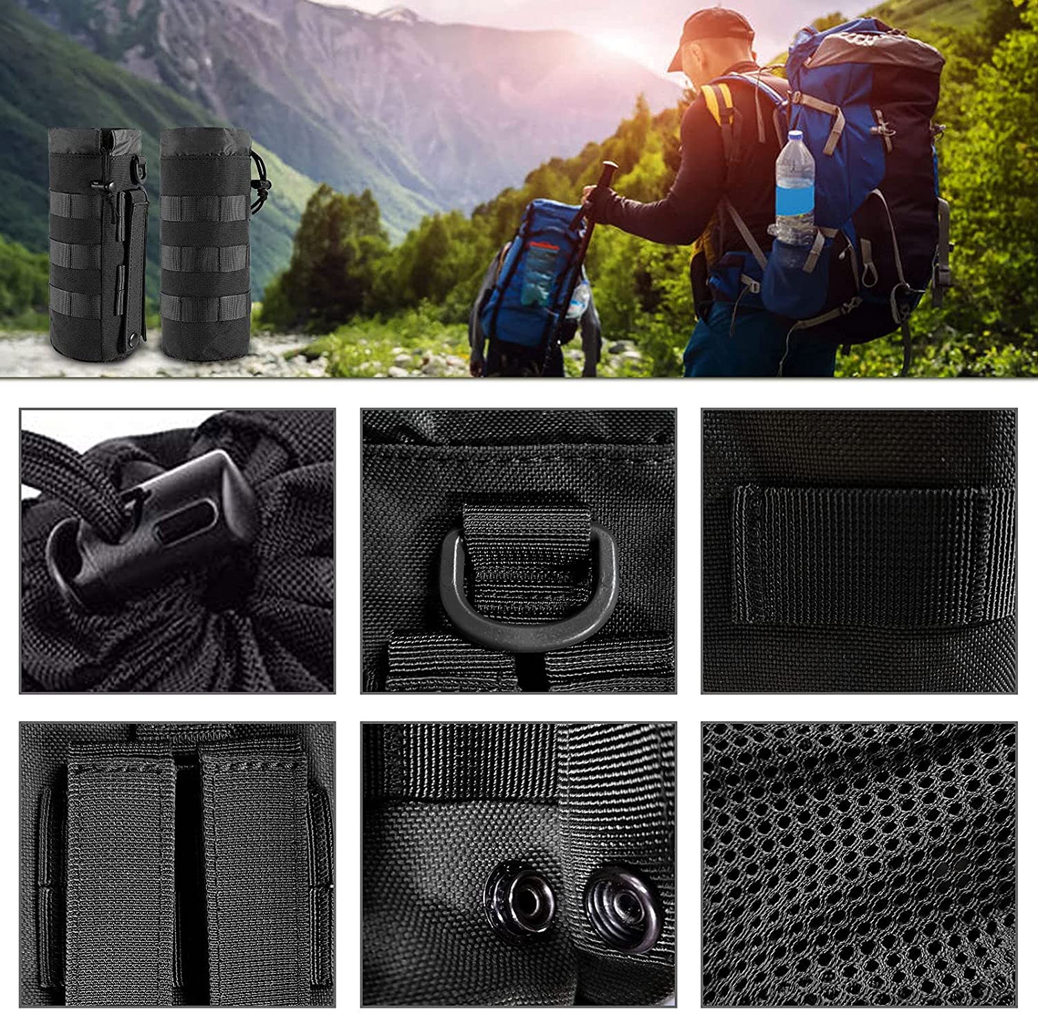 Tactical MOLLE Water Bottle Holder, Drawstring Water Bottle Carrier for 1.5L Bottles, Outdoor Umbrella Storage Pouch
