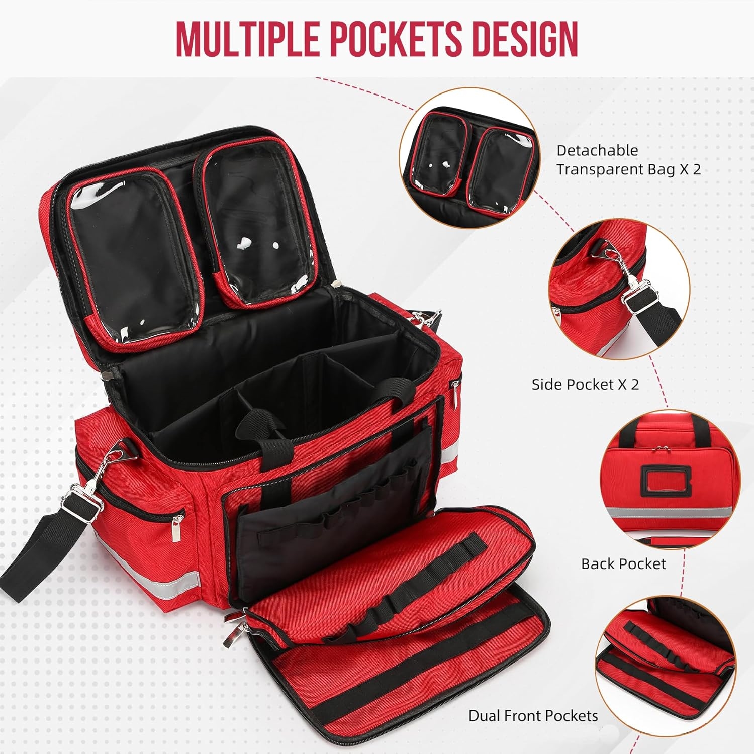 Empty Emergency Medical Trauma Bag, Waterproof Portable First Aid Kit Organizer with Detachable Clear Pouches & Shoulder Strap for Camping, Car, Office, EMT Responders