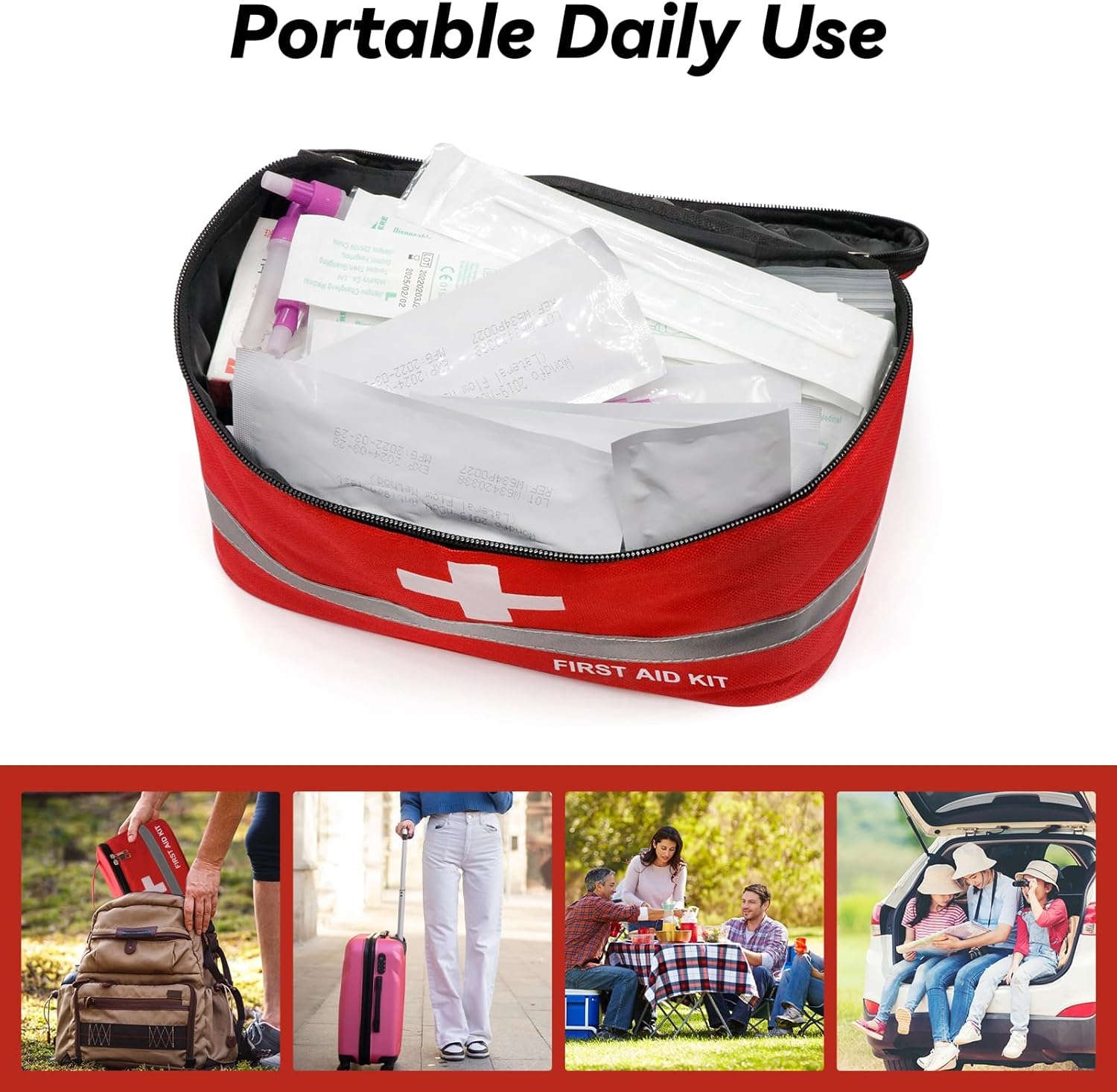 Compact Lightweight First Aid Bag, Reflective Strip Portable Empty Emergency Medical Organizer for Travel & Outdoor Camping
