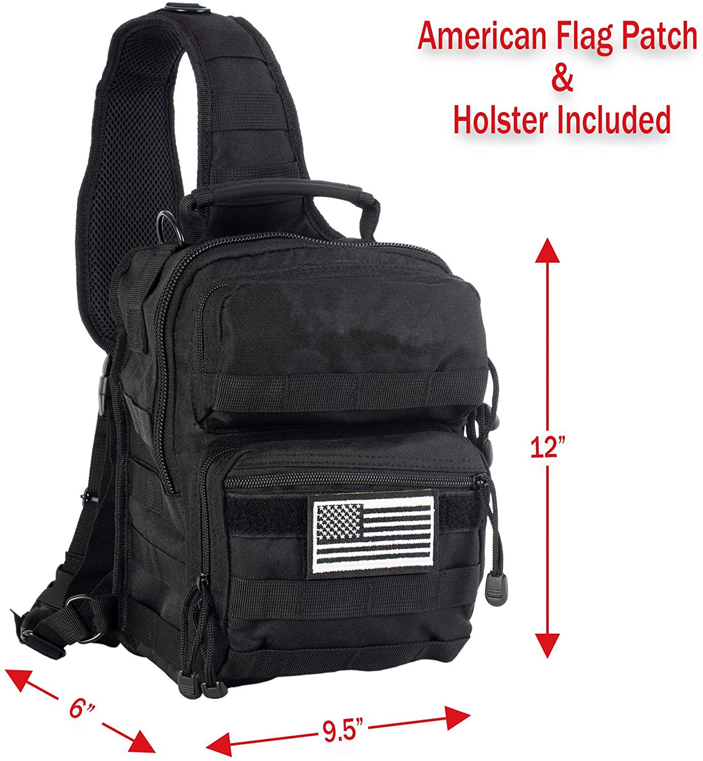 Tactical Sling Backpack with Concealed Carry Holster, 12 Inch MOLLE Chest Crossbody Bag with Free American Flag Patch for Shooting, Hunting, Daily EDC & Outdoor Travel