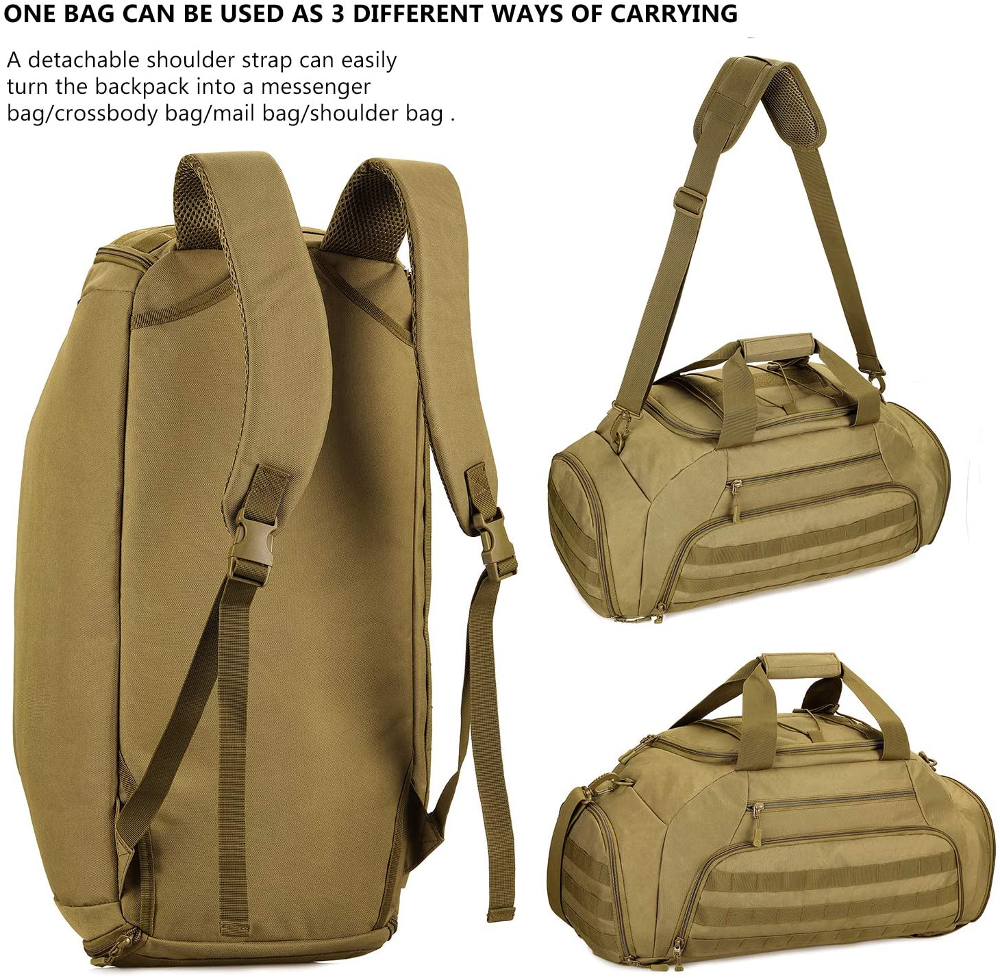 2 Sizes Tactical Duffle Bag with Rain Cover, MOLLE Sports Travel Duffel Backpack, Water Resistant Gear Bag for Gym, Hunting, Camping, Shooting & Outdoor Travel