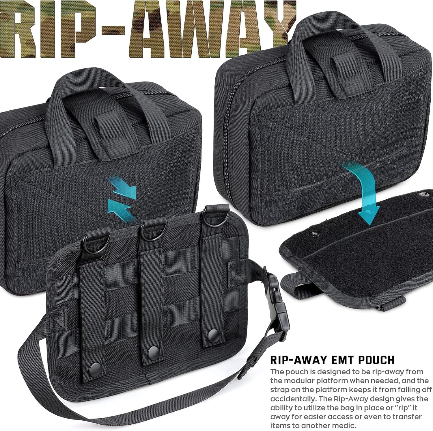 Rip-Away MOLLE Tactical Medical Pouch, Detachable Empty EMT Trauma Kit Bag with Bonus Reflective Cross Patch for Outdoor Emergency