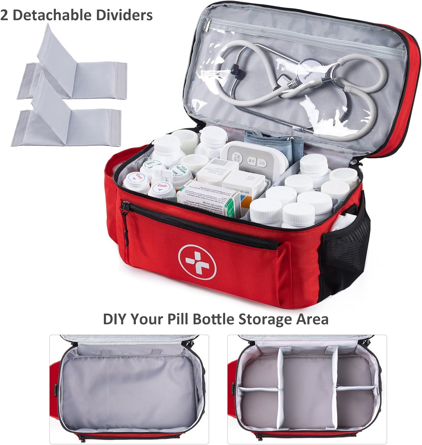 Waterproof Medication Travel Bag, Empty Multi-Compartment Pill Bottle Organizer Bag with Removable Dividers for Daily Medical Supplies