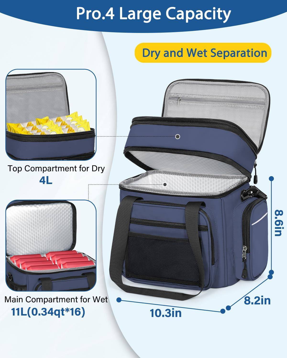 Dual Compartment Dry Wet Separation Insulated Cooler Bag, Seamless Hot Press 100% Leakproof Thermal Lunch Bag with Multi Pockets for Daily Work & Outdoor Picnic