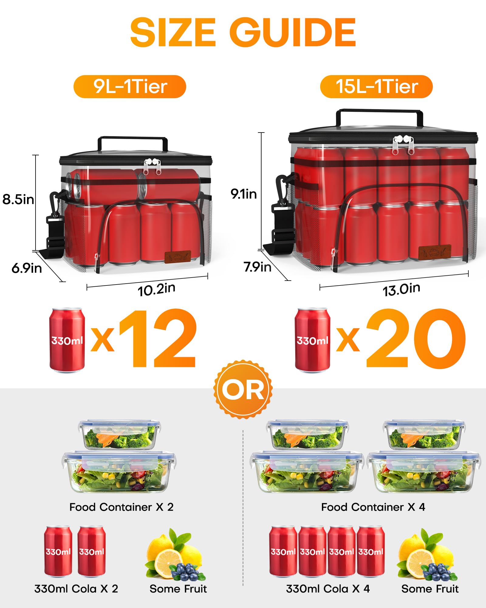 9L/15L Insulated Lunch Cooler Bag, Waterproof Leakproof Portable Thermal Tote with Multi Pockets & Adjustable Shoulder Strap