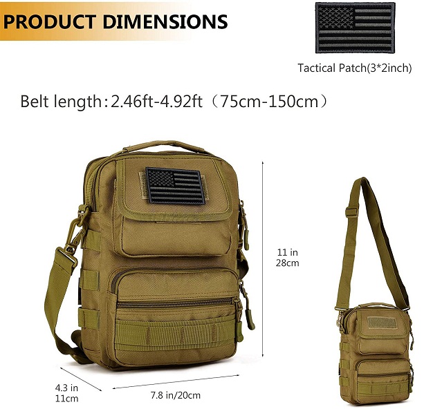 Tactical EDC Crossbody Bag, Multi-Pocket MOLLE Shoulder Sling Pack with Free US Flag Patch, Water Resistant Small Tactical Messenger Bag for Daily Carry, Hiking, Camping & Outdoor