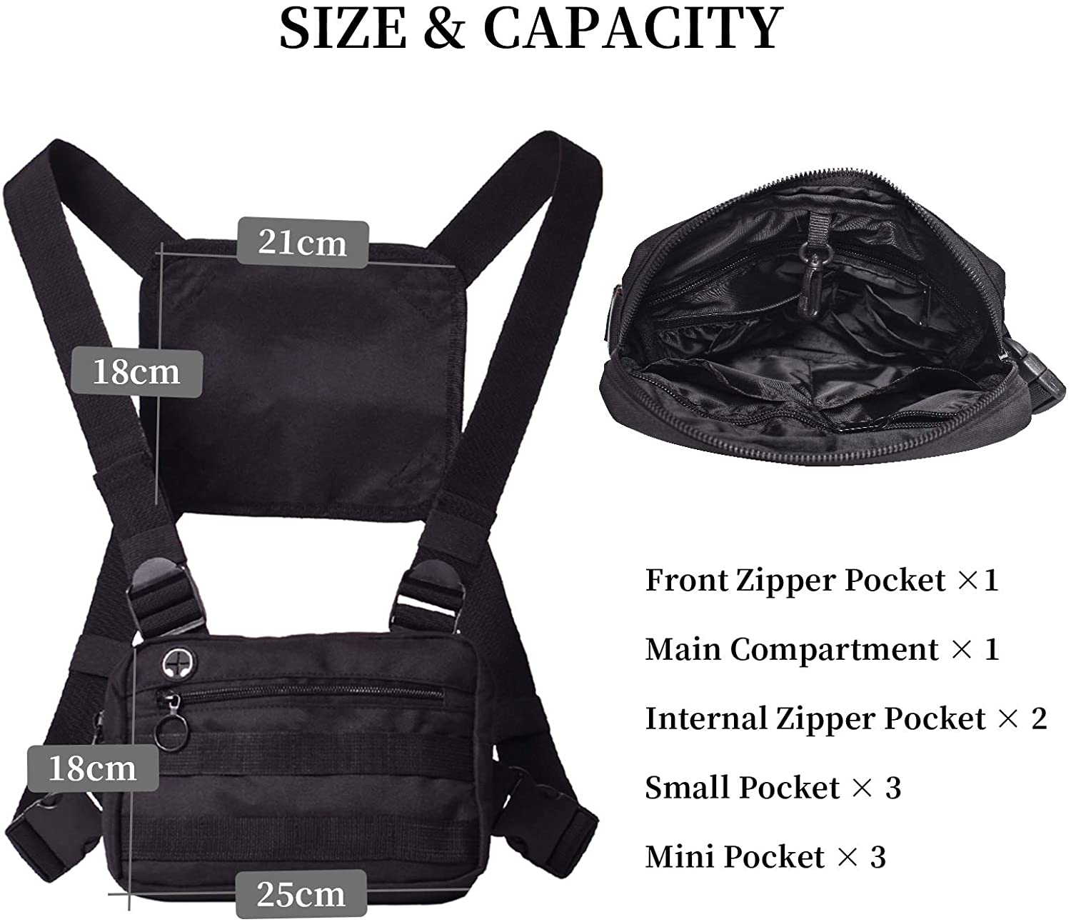 Tactical Chest Rig Bag, Adjustable Lightweight Chest Harness Pack with MOLLE Webbing, Multi-Pocket Utility Chest Pouch for Outdoor Sports, Running, Cycling, Daily EDC
