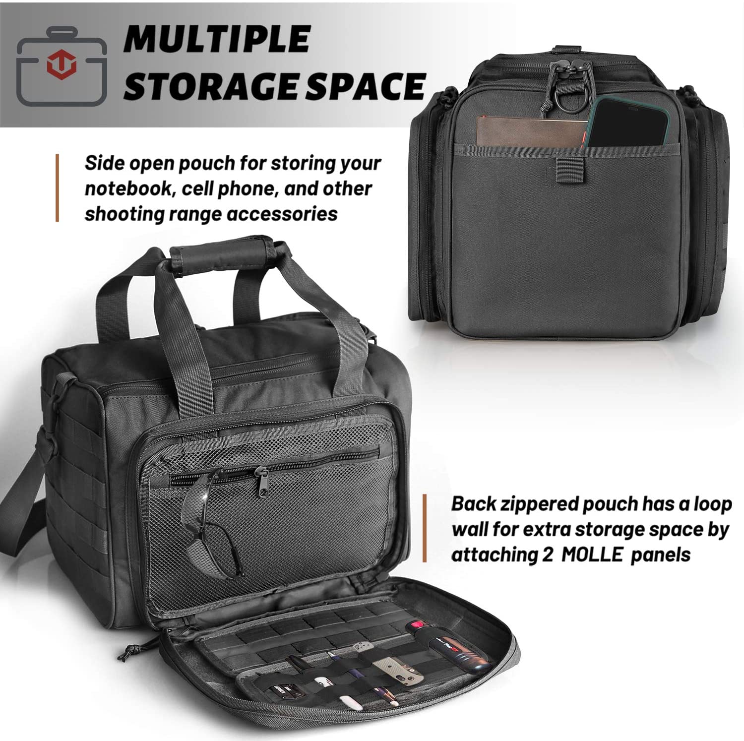 Tactical Range Bag, Multi-Compartment Handgun Shooting Gear Duffle Bag with MOLLE Panel, Padded Firearm Carry Bag with Detachable Shoulder Strap for Shooting Range, Hunting & Tactical Storage