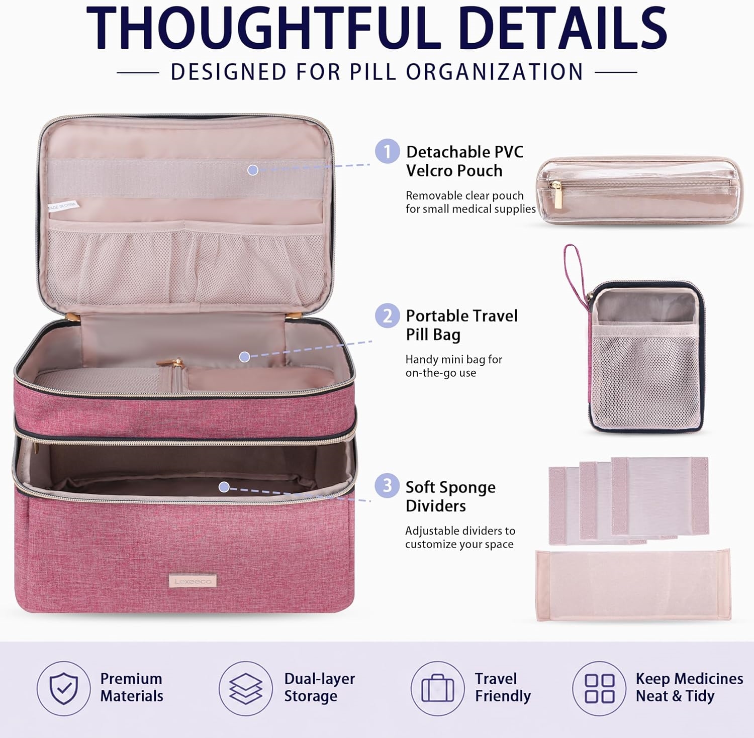 Two-Tier Large Capacity Medicine Carry Bag, Customizable Divider Pill Storage Organizer with Detachable Clear Pouches for Travel & Household