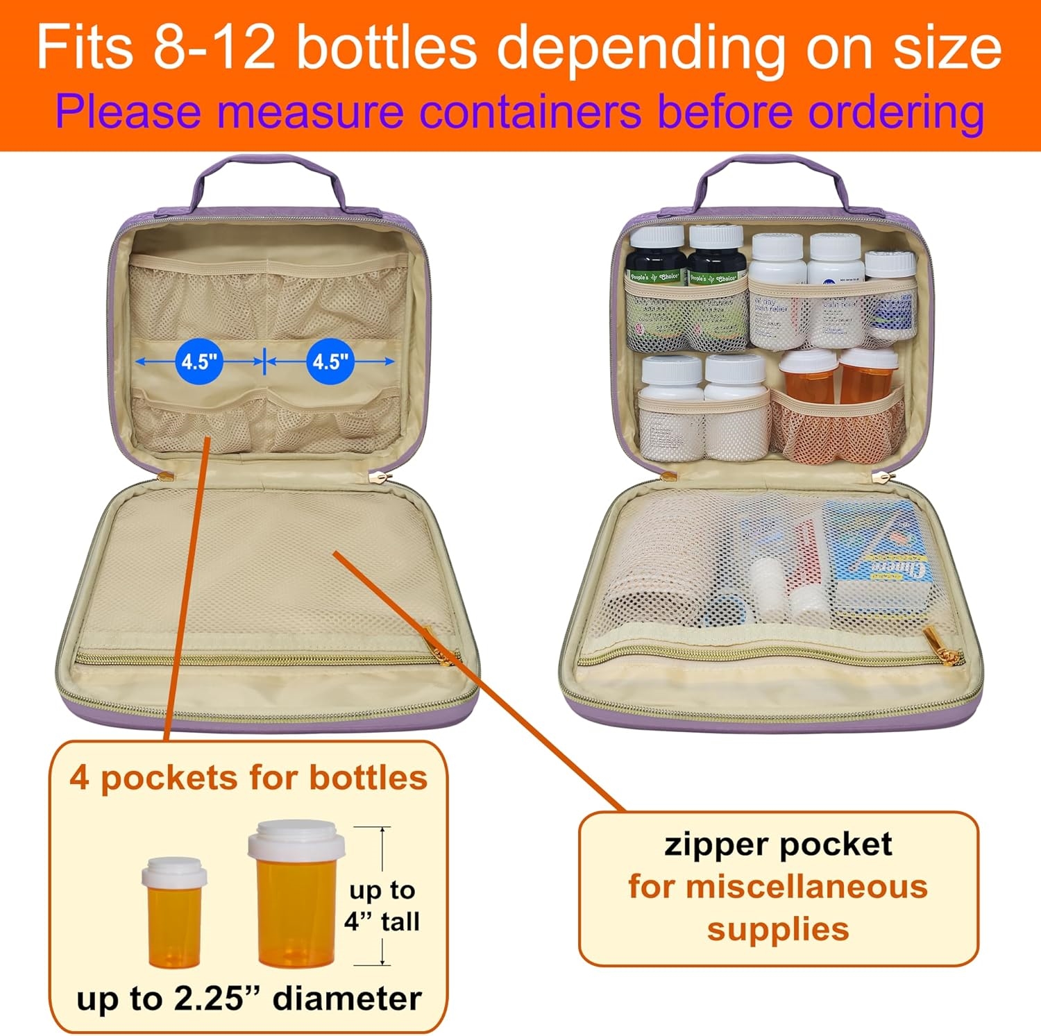 Compact Quilted Pill Bottle Travel Bag, Water Resistant Portable Medication Organizer with Multi Mesh Storage Pockets