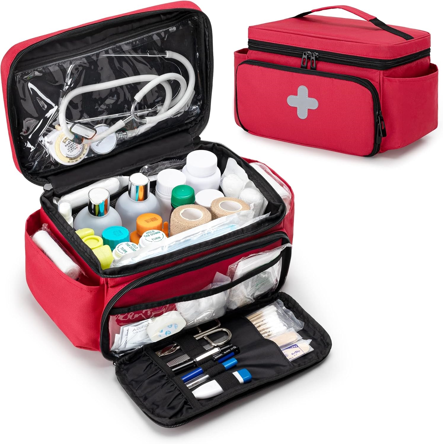Spacious Portable Empty First Aid Kit Bag, Reflective Medical Carry Organizer with Multiple Side & Back Pockets for Household & Outdoor Use