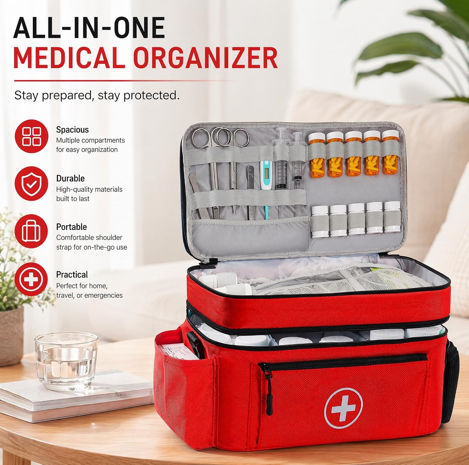 Spacious Waterproof First Aid Kit Bag, Large Capacity Medication Carry Bag with Removable Dividers & Crossbody Strap